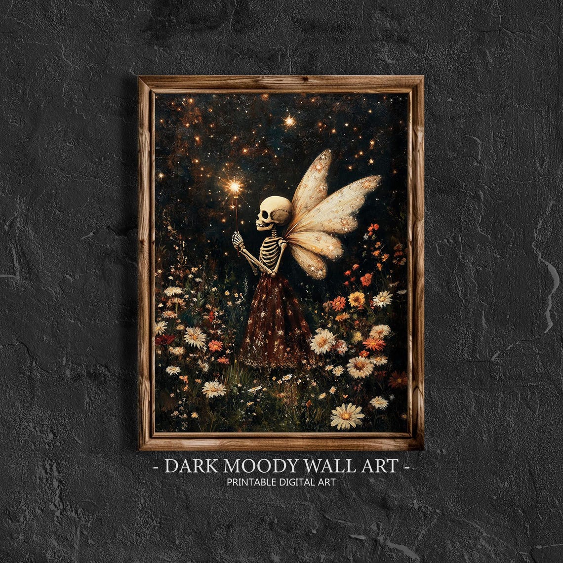 Skeleton Fairy with Wings Starry Night Wildflower Meadow Art Poster