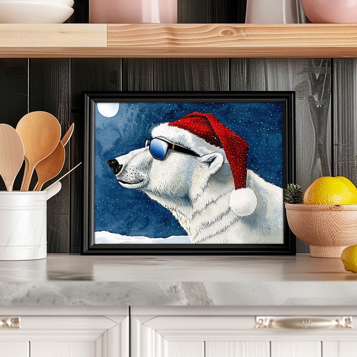 Polar Bear Santa Hat Sunglasses Snowy Night Whimsical Animal Poster - Image 4