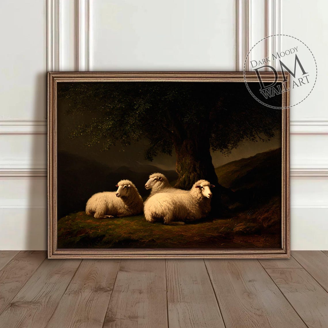 Three Resting Sheep Under Tree Dark Moody Oil Style Art Print