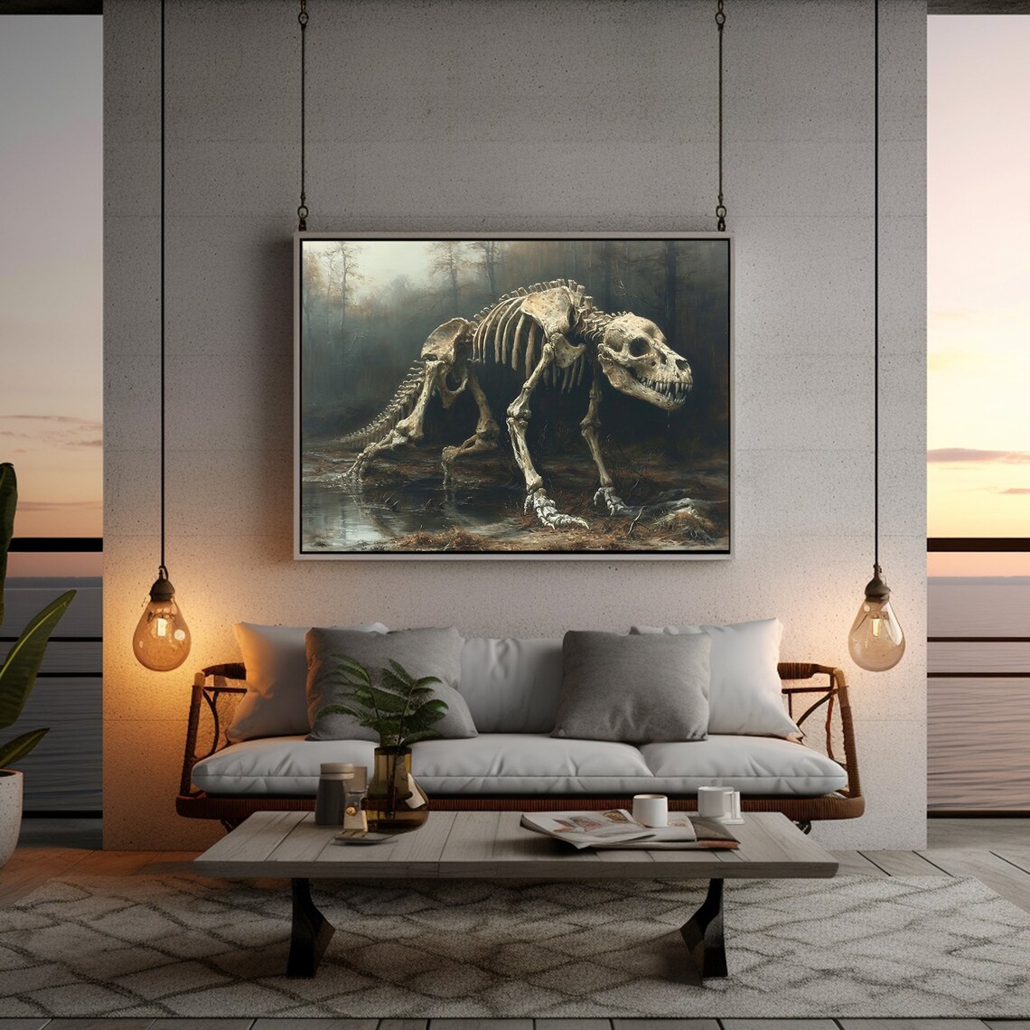 Dinosaur Skeleton Foggy Forest Prehistoric Dark Moody Painting Poster - Image 5