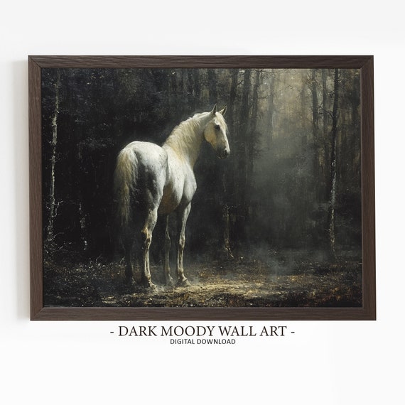 Antique White Horse Rustic Landscape Art Print
