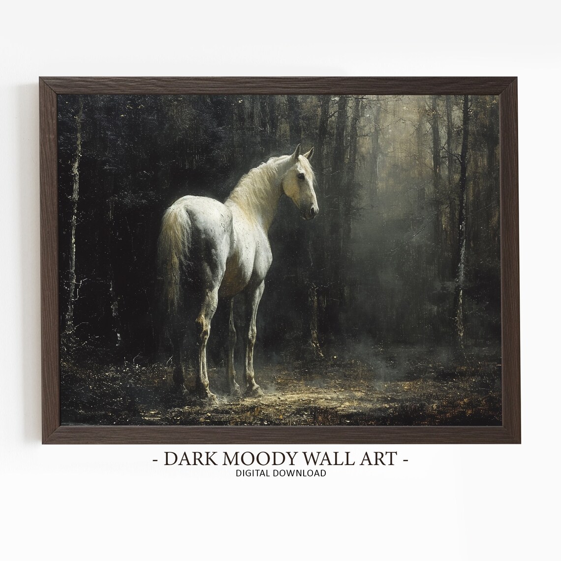 Antique White Horse Rustic Landscape Art Print