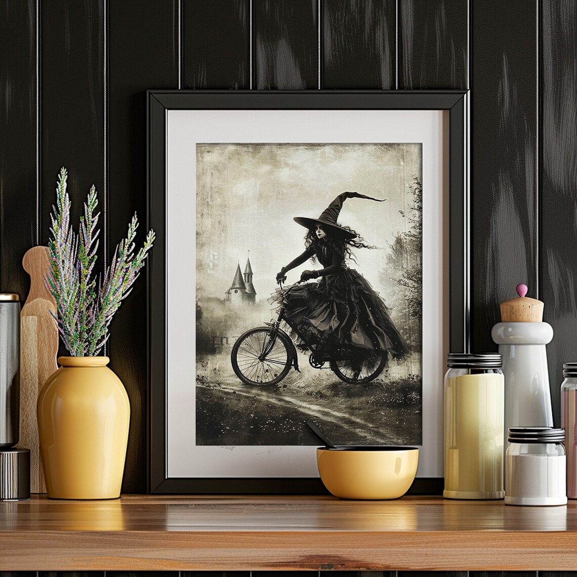 Witch Riding Bicycle Misty Path Castle Vintage Sepia Art Poster - Image 5