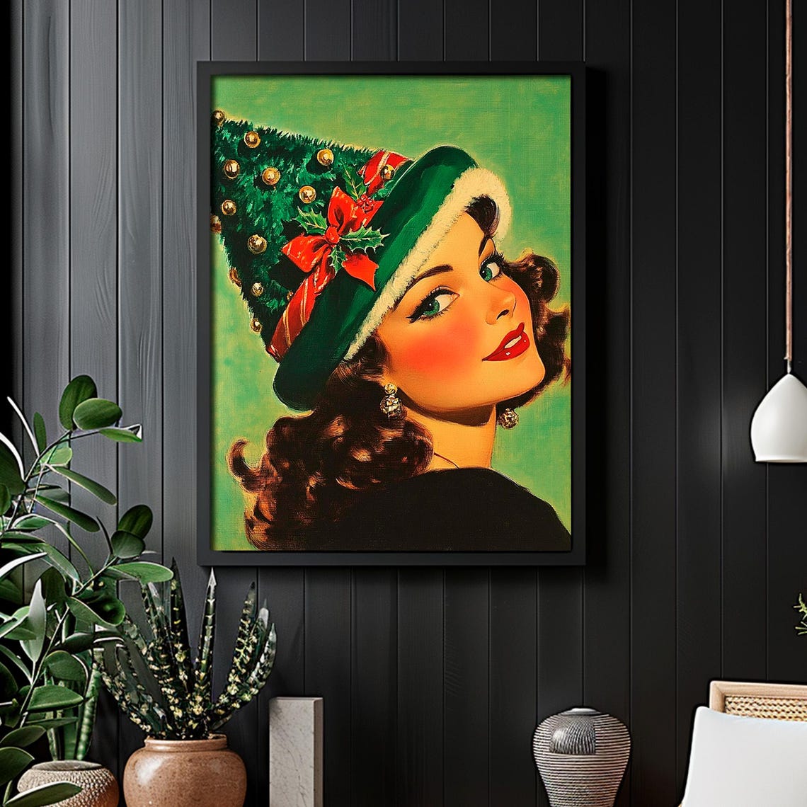 Retro Christmas Pin Up Woman Tree Hat Vintage Art Style Poster - Image 2