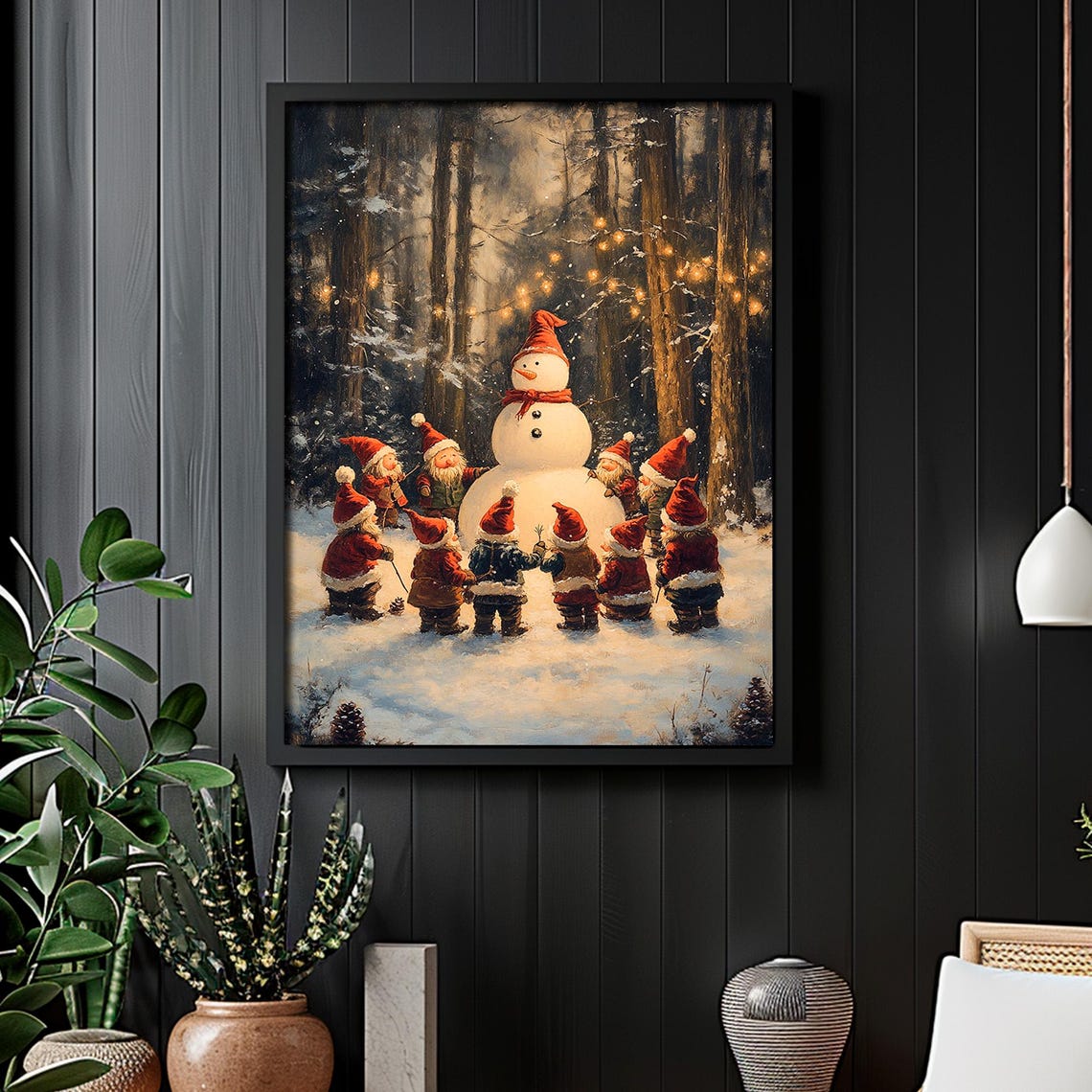 Snowman Surrounded by Gnomes in Snowy Christmas Forest Night Wall Art - Image 4