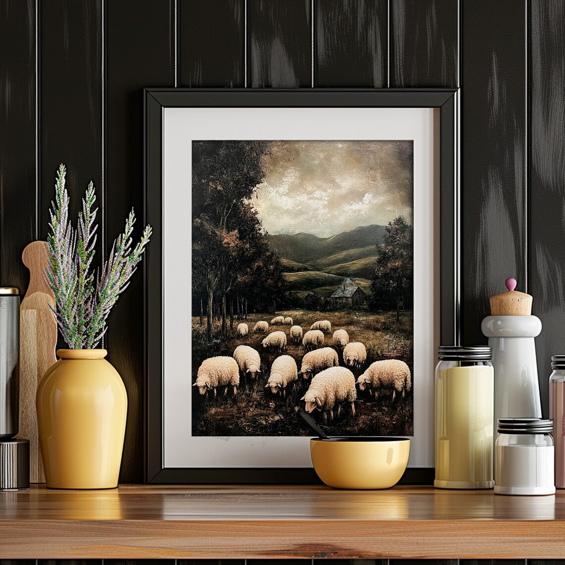 Sheep Flock Grazing Moody Valley Farmhouse Landscape Art Poster - Image 4