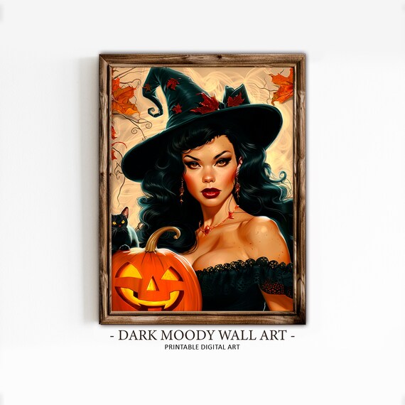Vintage Pin Up Witch Pumpkin Black Cat Autumn Retro Art Poster