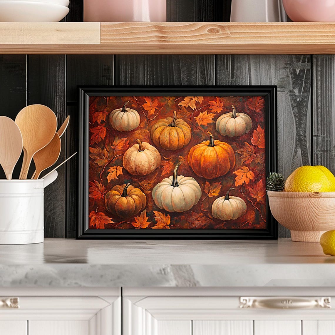 Pumpkins Fall Leaves Harvest Still Life Vintage Autumn Wall Art - Image 4