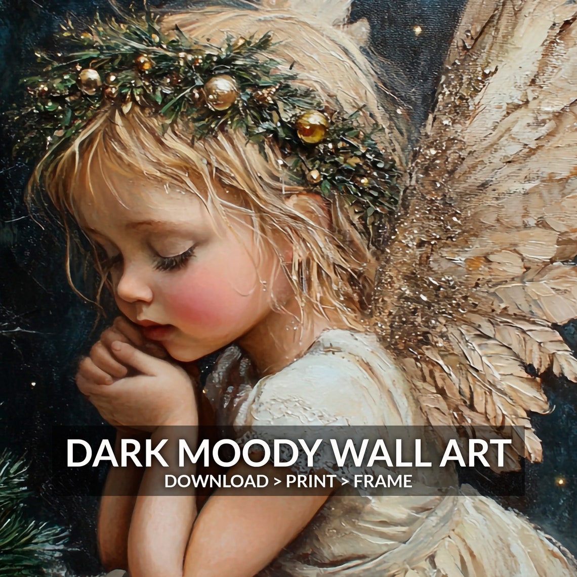 Praying Angel Child Pine Boughs Starry Night Painting Poster - Image 6