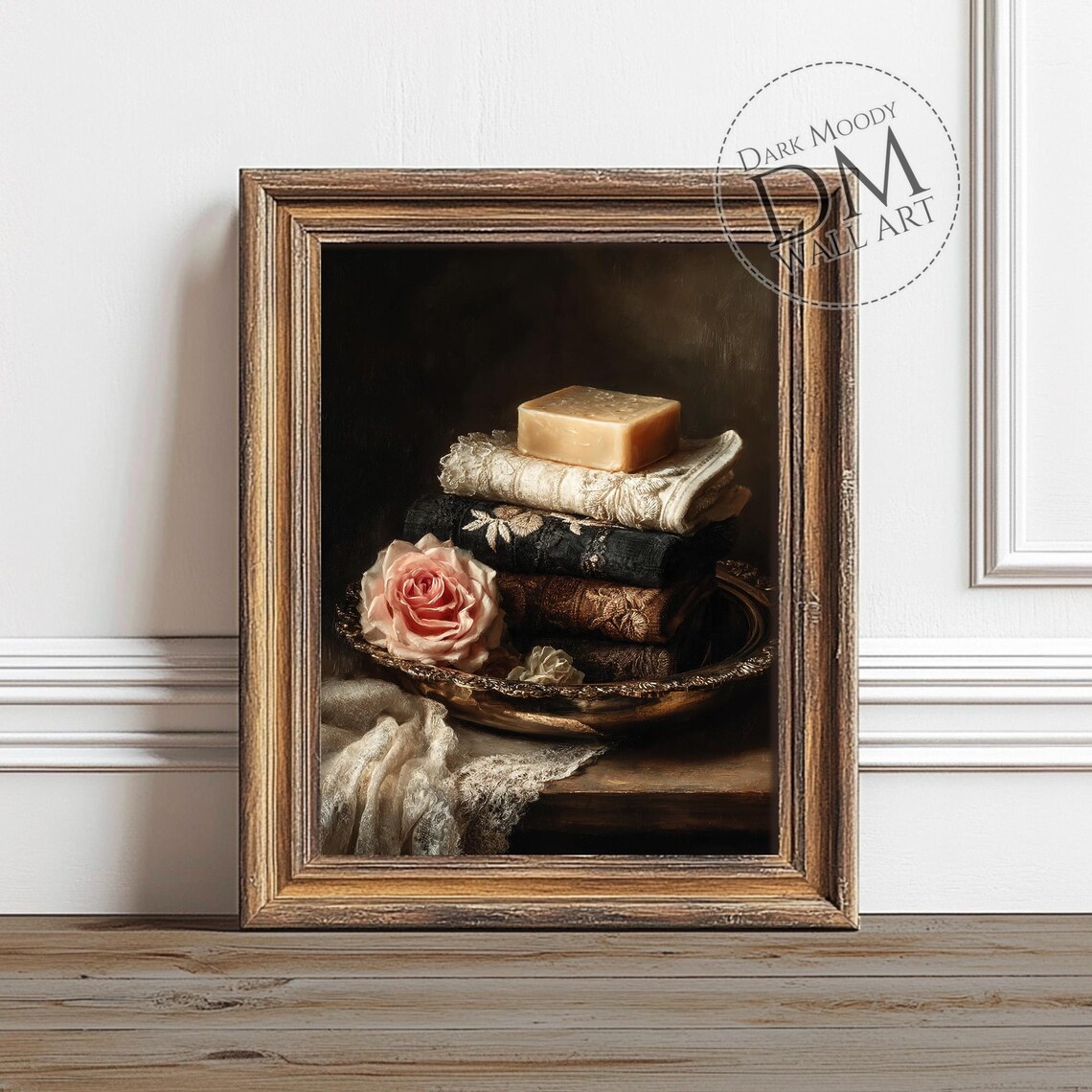 Moody Vintage Soap and Rose Still Life Art Print