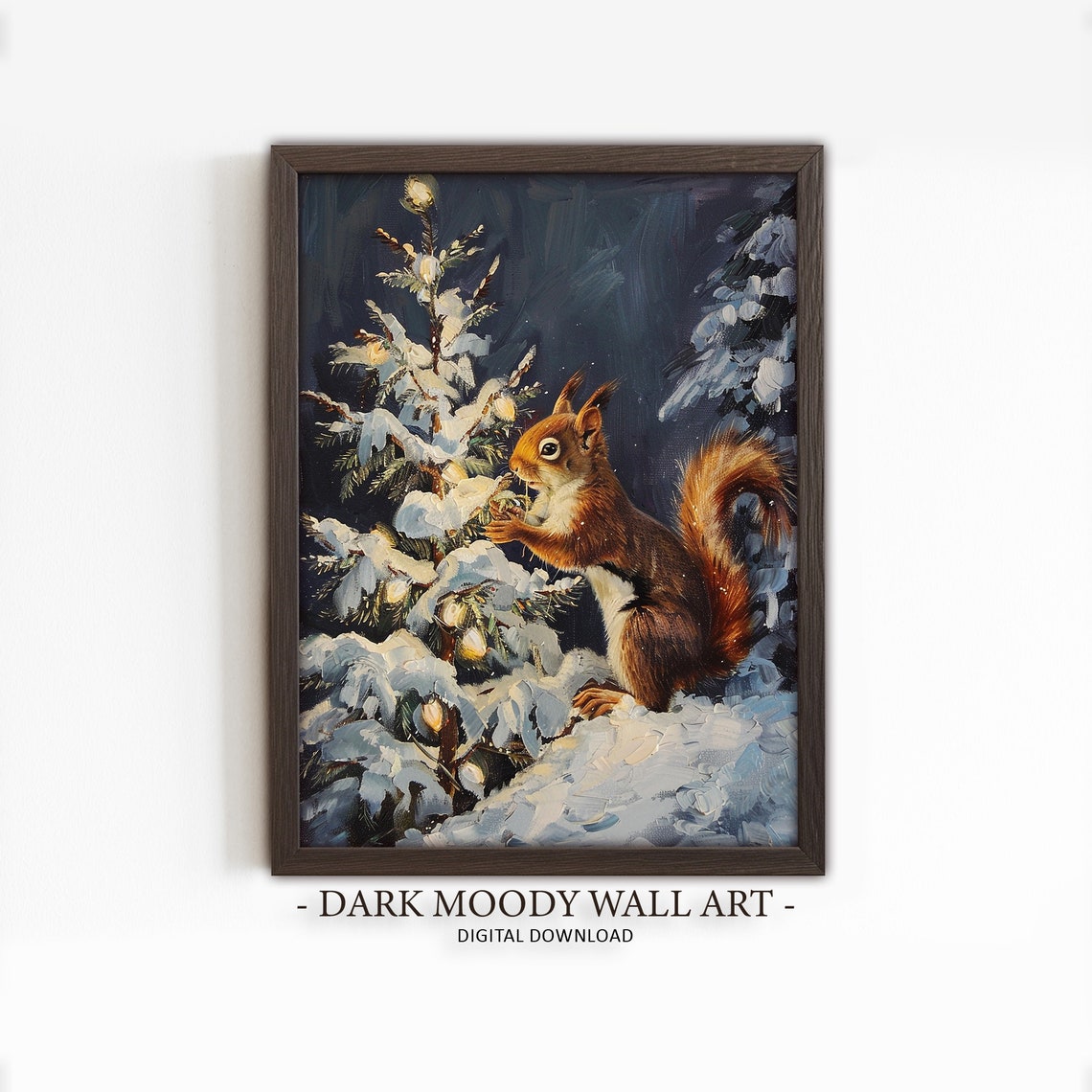 Red Squirrel Snowy Christmas Tree Night Winter Painting Poster