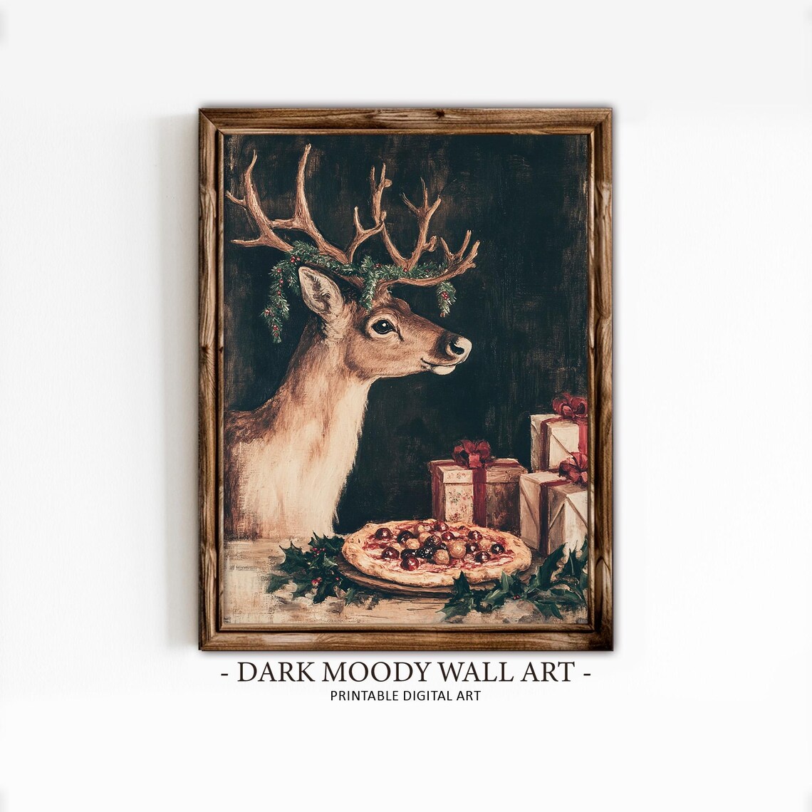 Festive Deer Holly Antler Wreath Christmas Gifts Pizza Party Poster