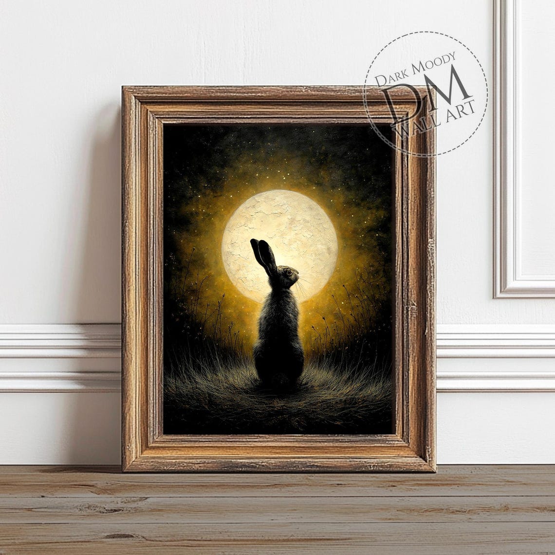 Black Hare Silhouette Under Full Golden Moon Starry Night Art Poster