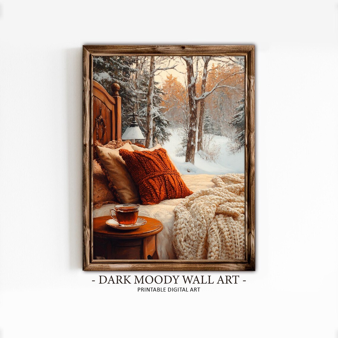 Cozy Winter Bedroom Tea Cup Knit Pillows Snowy Forest View Poster - Image 2