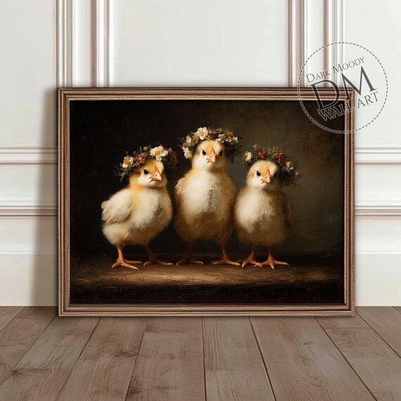 Easter Chicks Wall Art Vintage Spring Baby Chick Floral Print