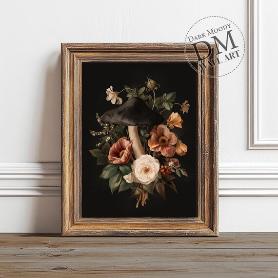Black Mushroom Wall Art Gothic Botanical Halloween Floral Print