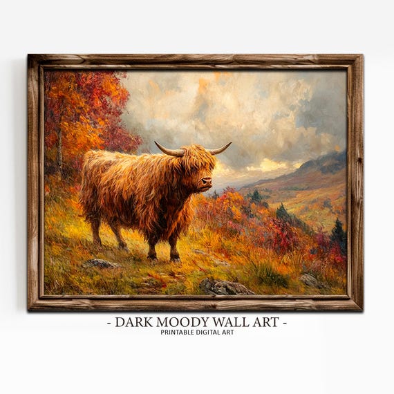 Fall Prints Fall Highland Cow Art Vintage Autumn Home Decor Rustic Fall Landscape Painting Moody Autumn Wall Art