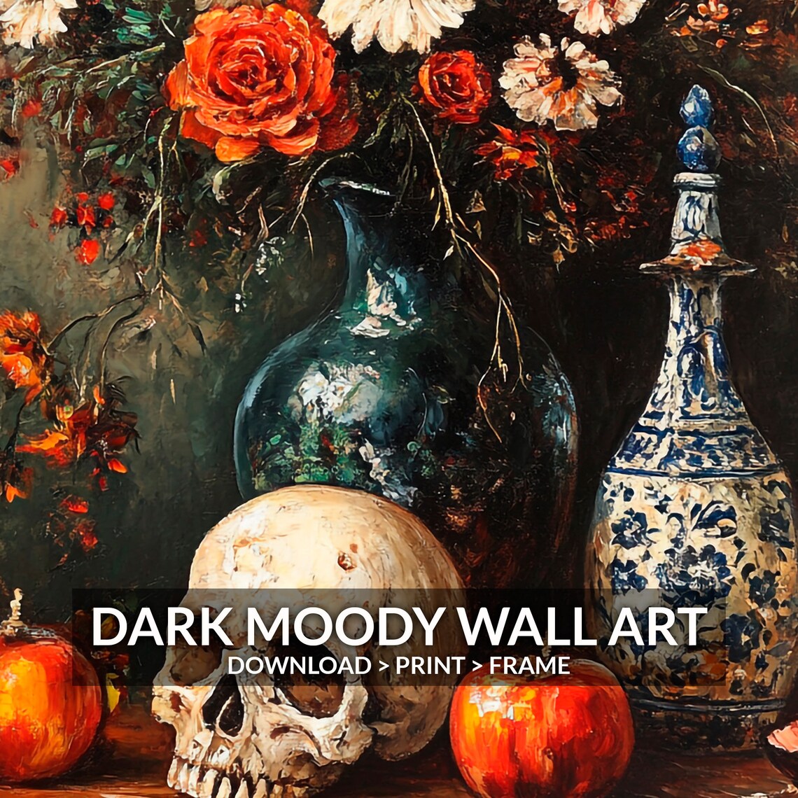 Gothic Skull Flower Still Life Vanitas Oil Painting Art Print - Image 4
