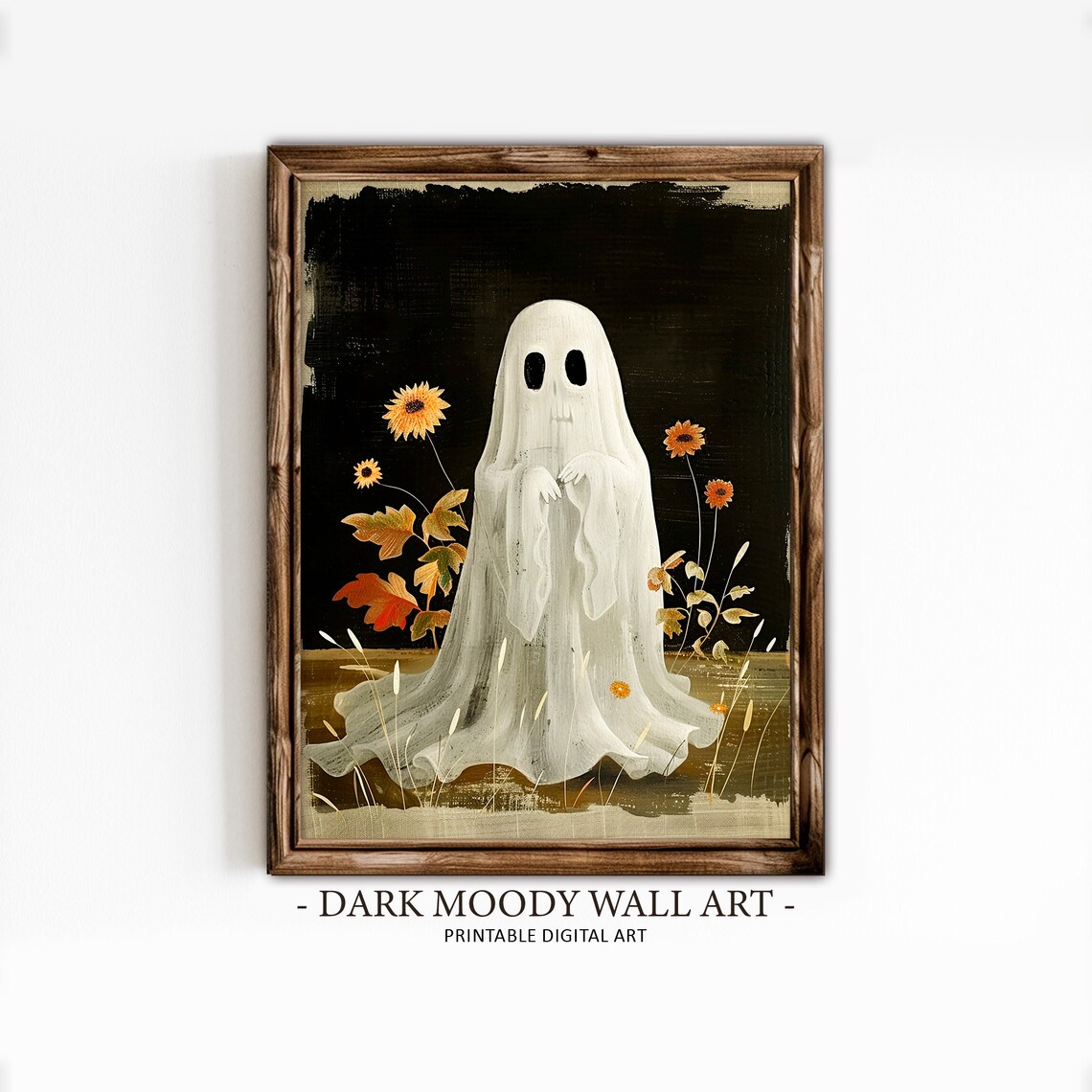 Ghost Among Sunflowers Autumn Painting Dark Background Floral Poster