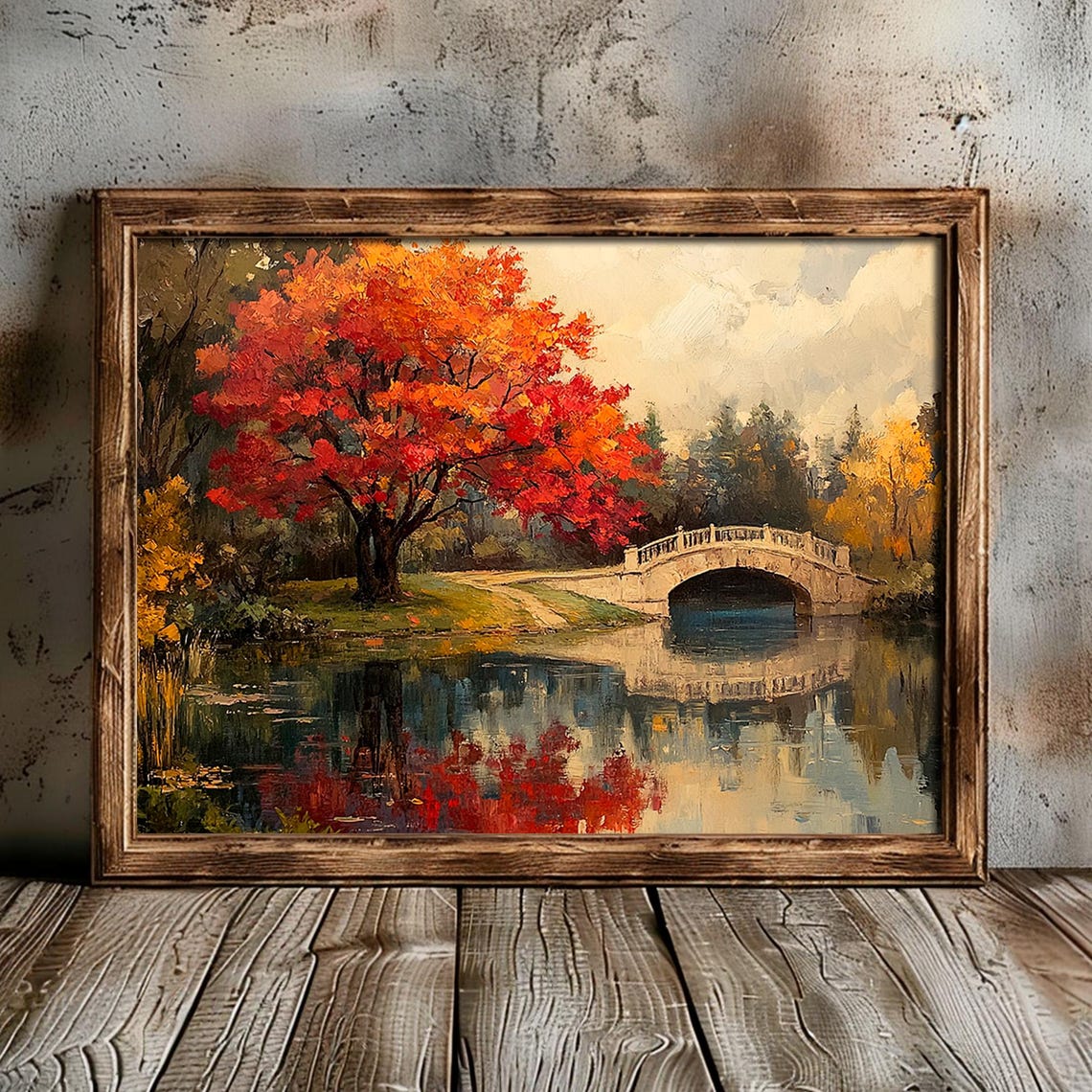 Fall Garden Landscape Prints Autumn Pond Bridge Wall Art Moody Autumn Painting - Image 2