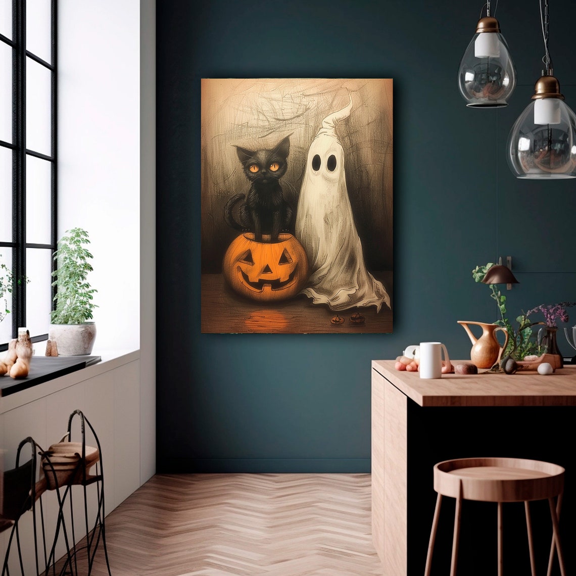 Black Cat Pumpkin Ghost Halloween Painting Jack O Lantern Cute Poster - Image 2