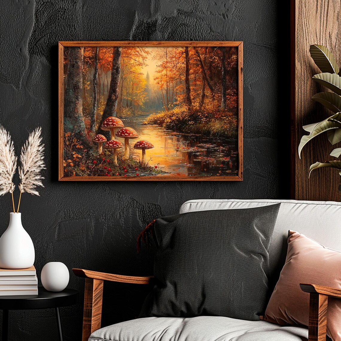 Fly Agaric Mushrooms Forest Stream Golden Autumn Painting Wall Art - Image 4