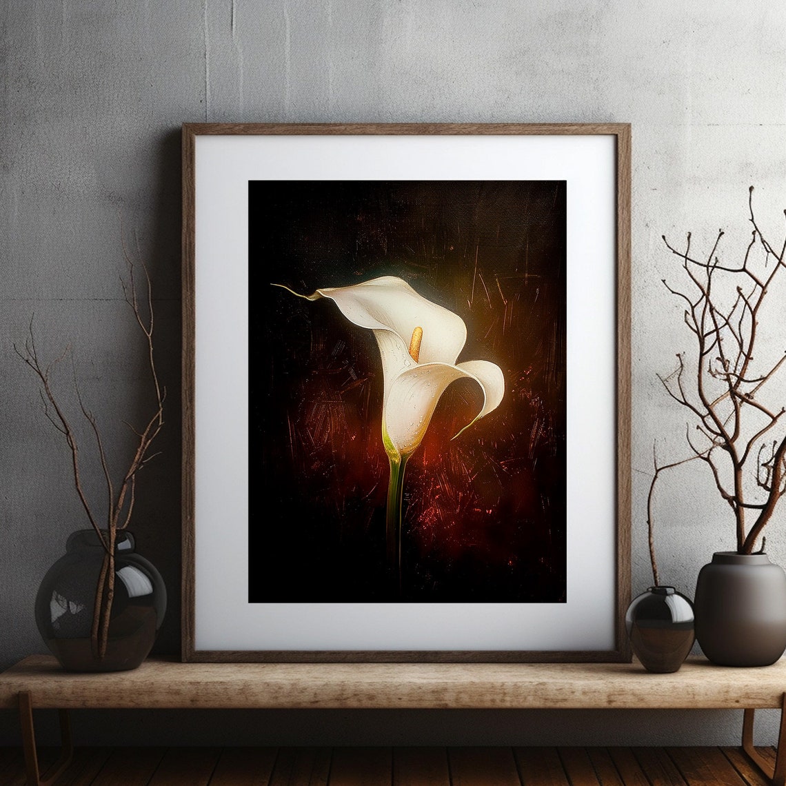 White Calla Lily on Black Moody Dark Floral Still Life Poster - Image 2