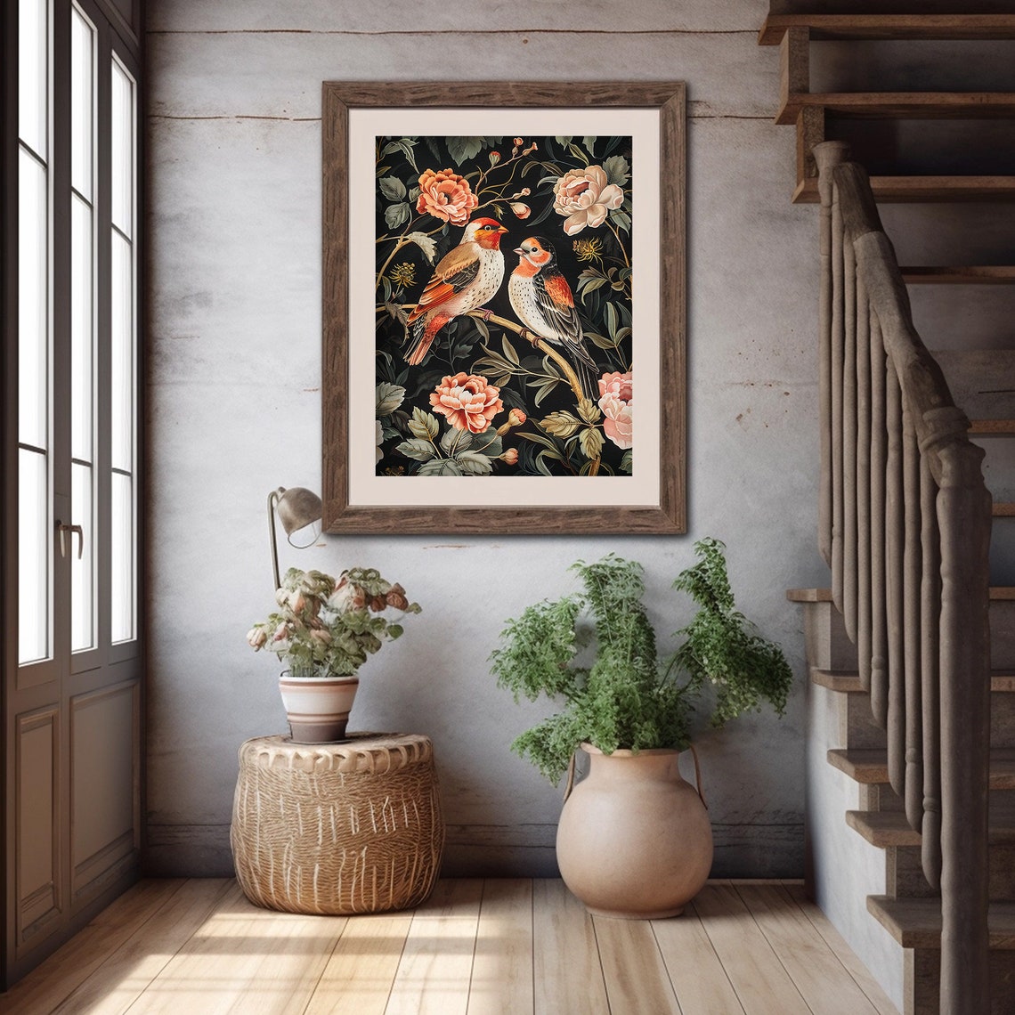 Finches Peonies Dark Botanical Floral Birds Pair Painting Poster - Image 5