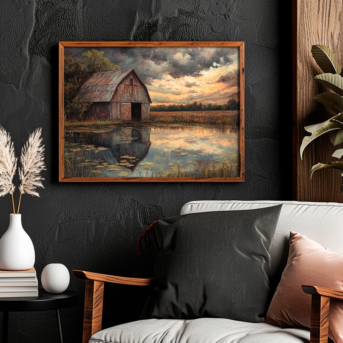 Rustic Red Barn Pond Reflection Sunset Farmland Country Art Poster - Image 4