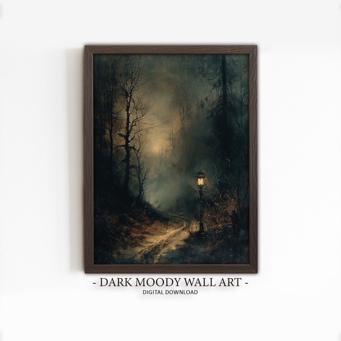 Foggy Forest Night Lantern Post Dark Moody Woods Painting Poster