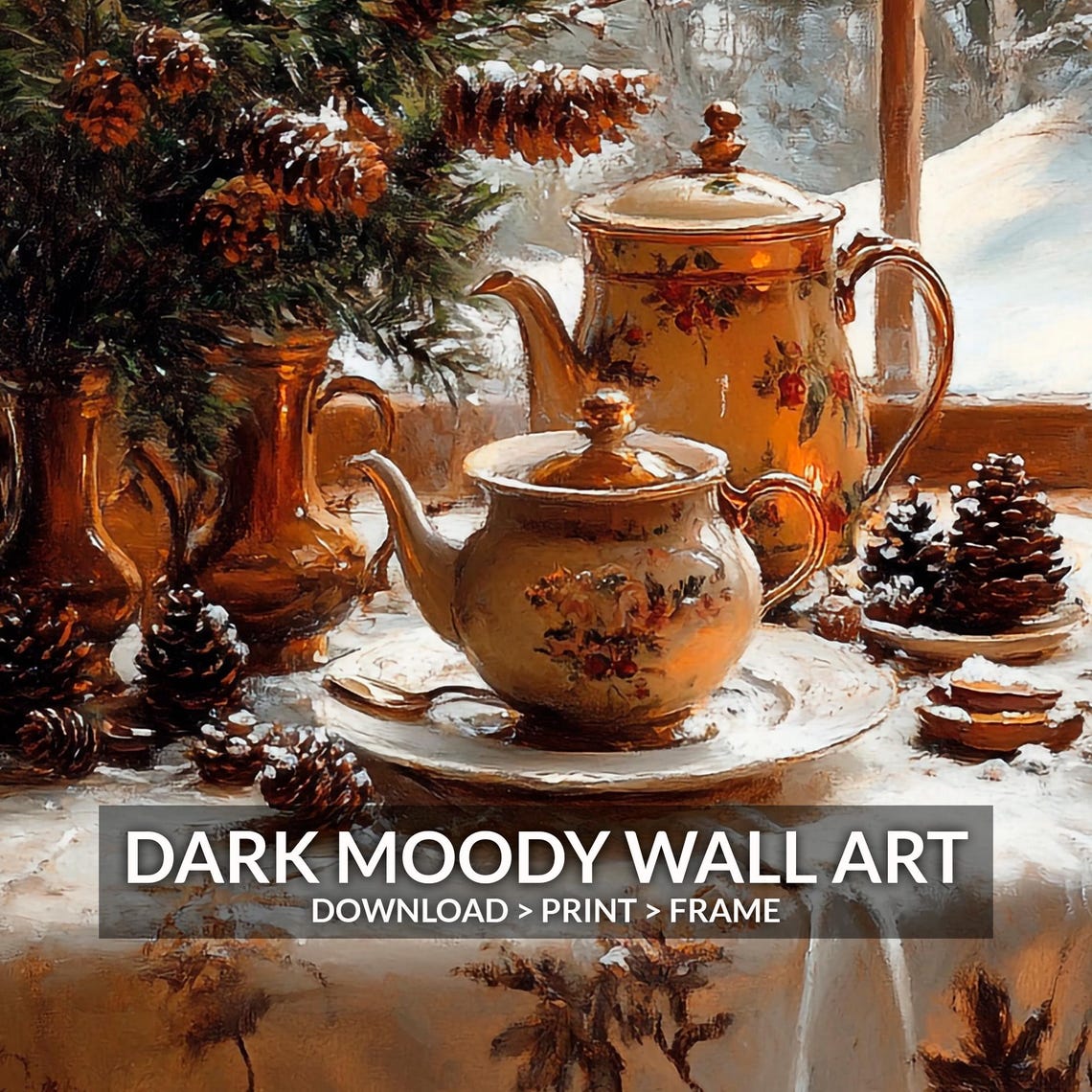 Cozy Winter Tea Set Window Sill Pinecones Candles Still Life Poster - Image 6