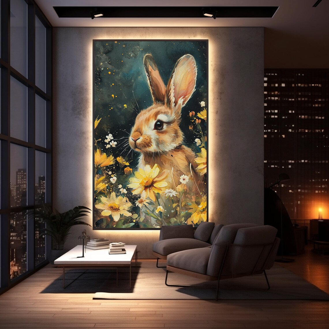 Rabbit in Yellow Blooms Dark Teal Night Watercolor Garden Poster - Image 3
