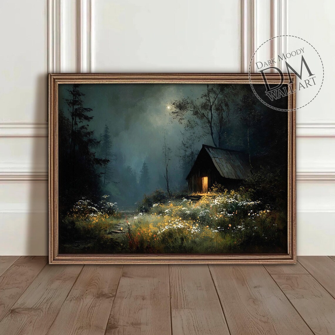 Haunted Cabin Night Art Print, Moody Forest