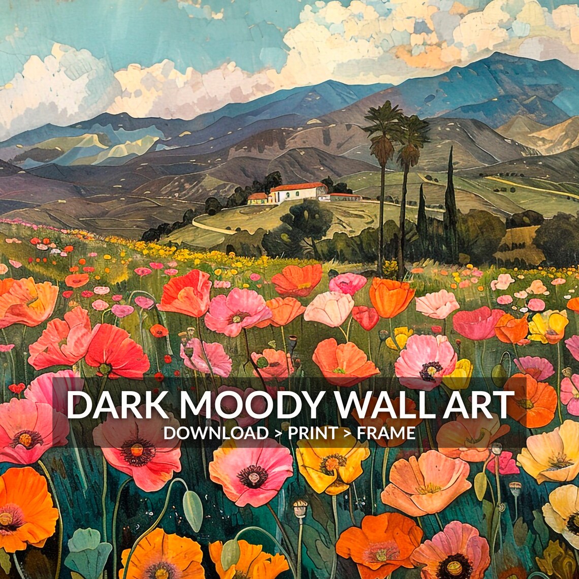 Wild Poppy Field Farmhouse Mountain Landscape Colorful Art Print - Image 6