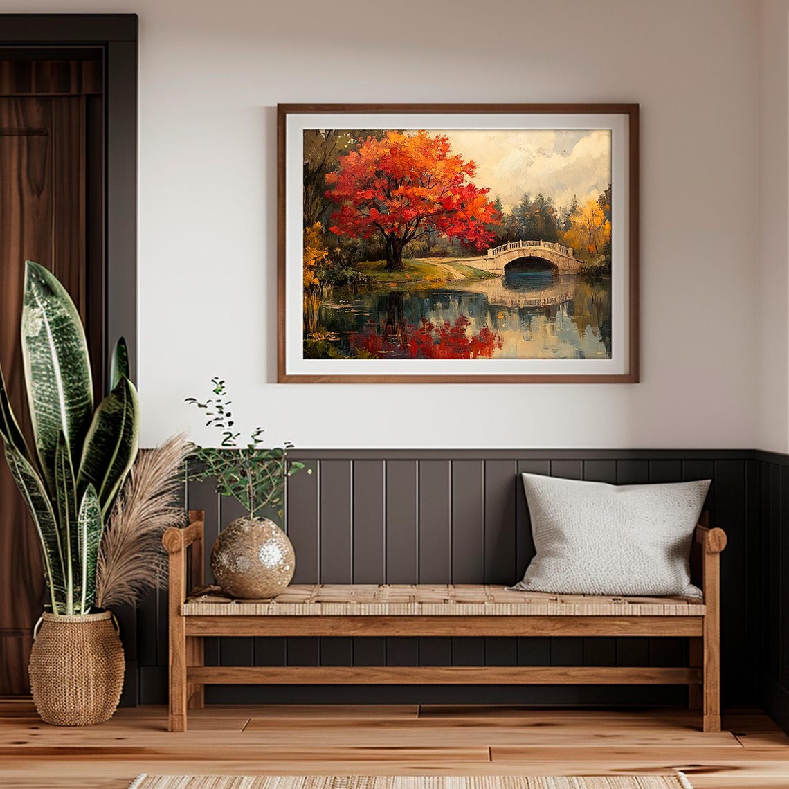 Fall Garden Landscape Prints Autumn Pond Bridge Wall Art Moody Autumn Painting - Image 4