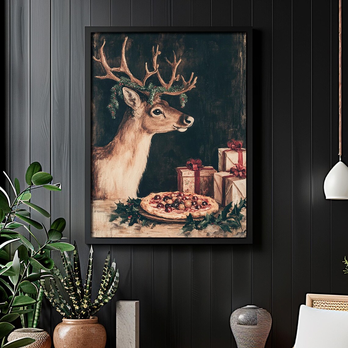 Festive Deer Holly Antler Wreath Christmas Gifts Pizza Party Poster - Image 6