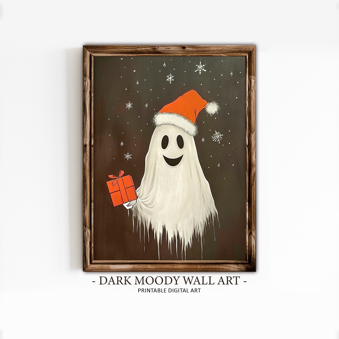 Christmas Ghost Santa Hat Gift Cute Holiday Painting Snowflakes Poster