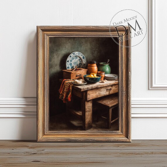 Rustic Kitchen Still Life with Pottery Vintage Table Painting Poster