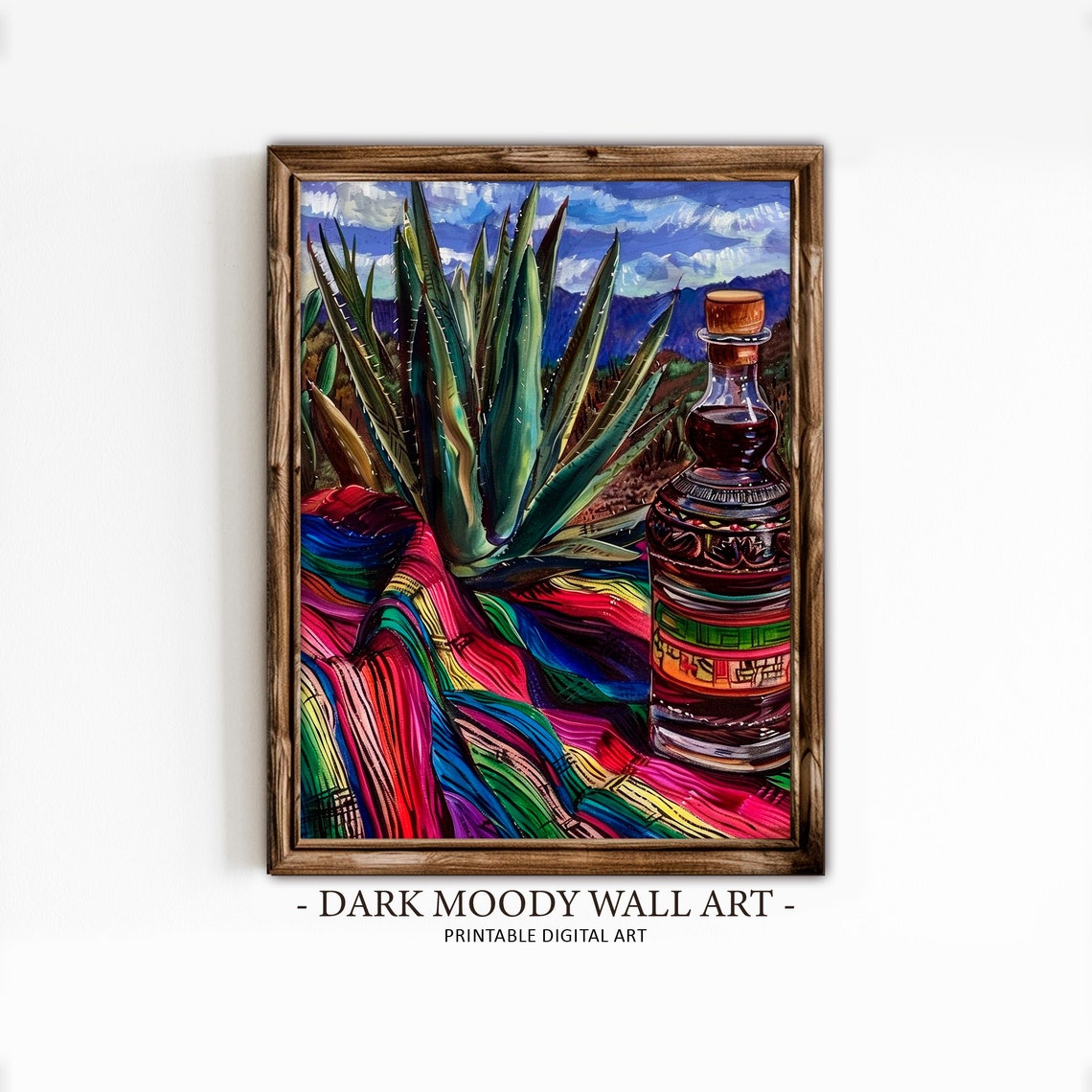 Mexican Agave Plant Tequila Bottle Colorful Serape Blanket Art Print