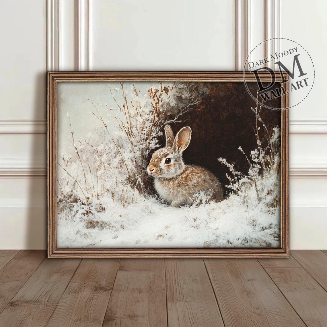 Rabbit in Snowy Winter Thicket Vintage Dark Moody Animal Poster