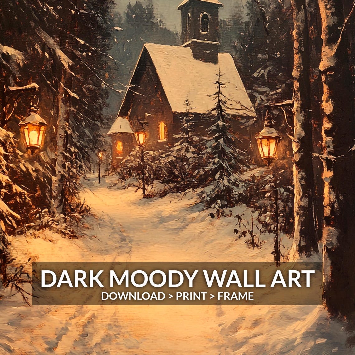 Snowy Chapel in the Woods Lantern Path Winter Painting Poster - Image 6