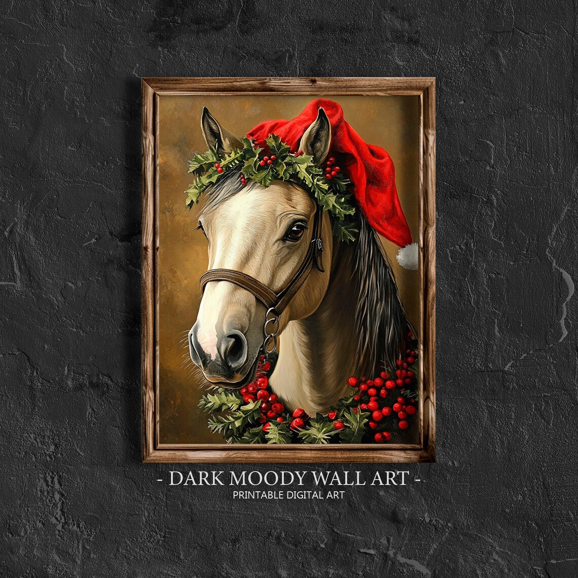 White Horse Wearing Santa Hat Holly Wreath Christmas Equestrian Poster