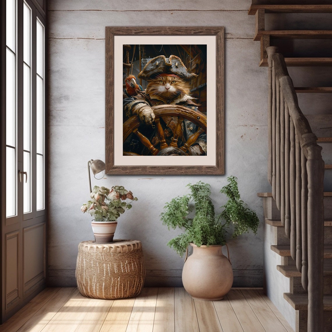 Cat Pirate Captain With Parrot Ship Wheel Fun Nautical Art Poster - Image 4
