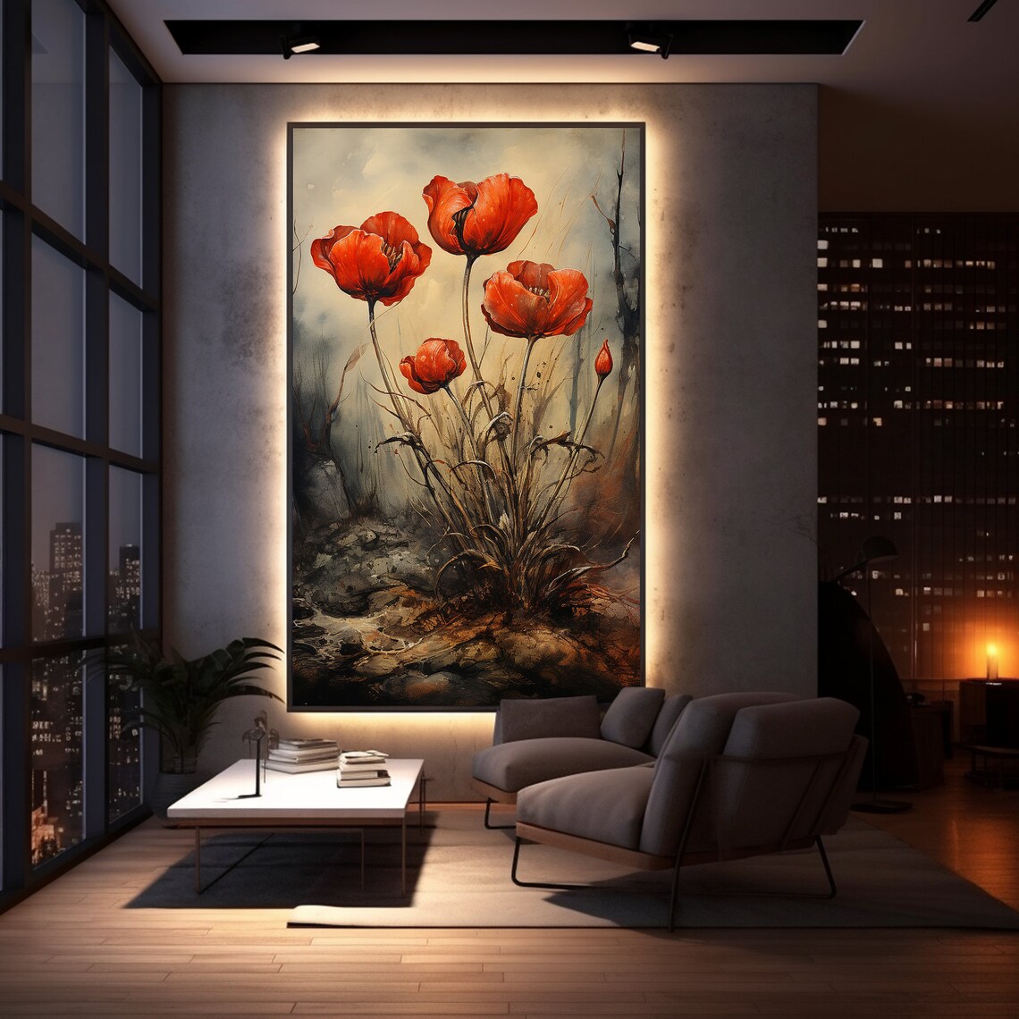 Soft Red Poppies in the Mist Watercolor Floral Landscape Poster - Image 4