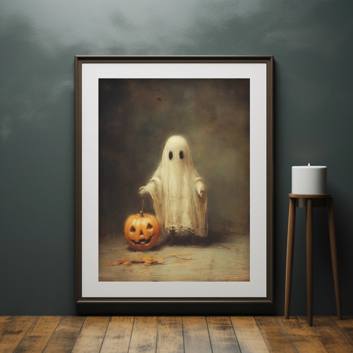 Cute Ghost With Pumpkin, Dark Halloween Art Print - Image 6