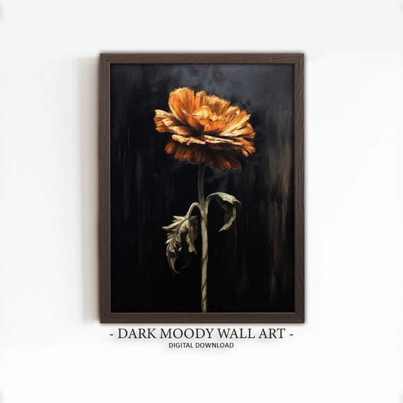 Lonely Flower Dark Moody Wall Art Vintage Orange Floral Still Life Dark Academia Decor Victorian Dark Oil Painting