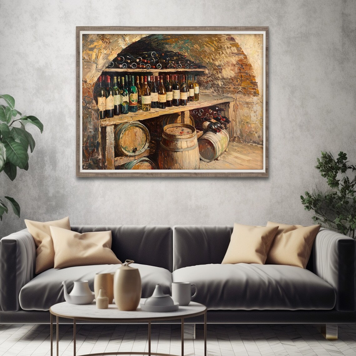 Old Stone Wine Cellar With Barrels and Bottles Rustic Bar Painting Poster - Image 5