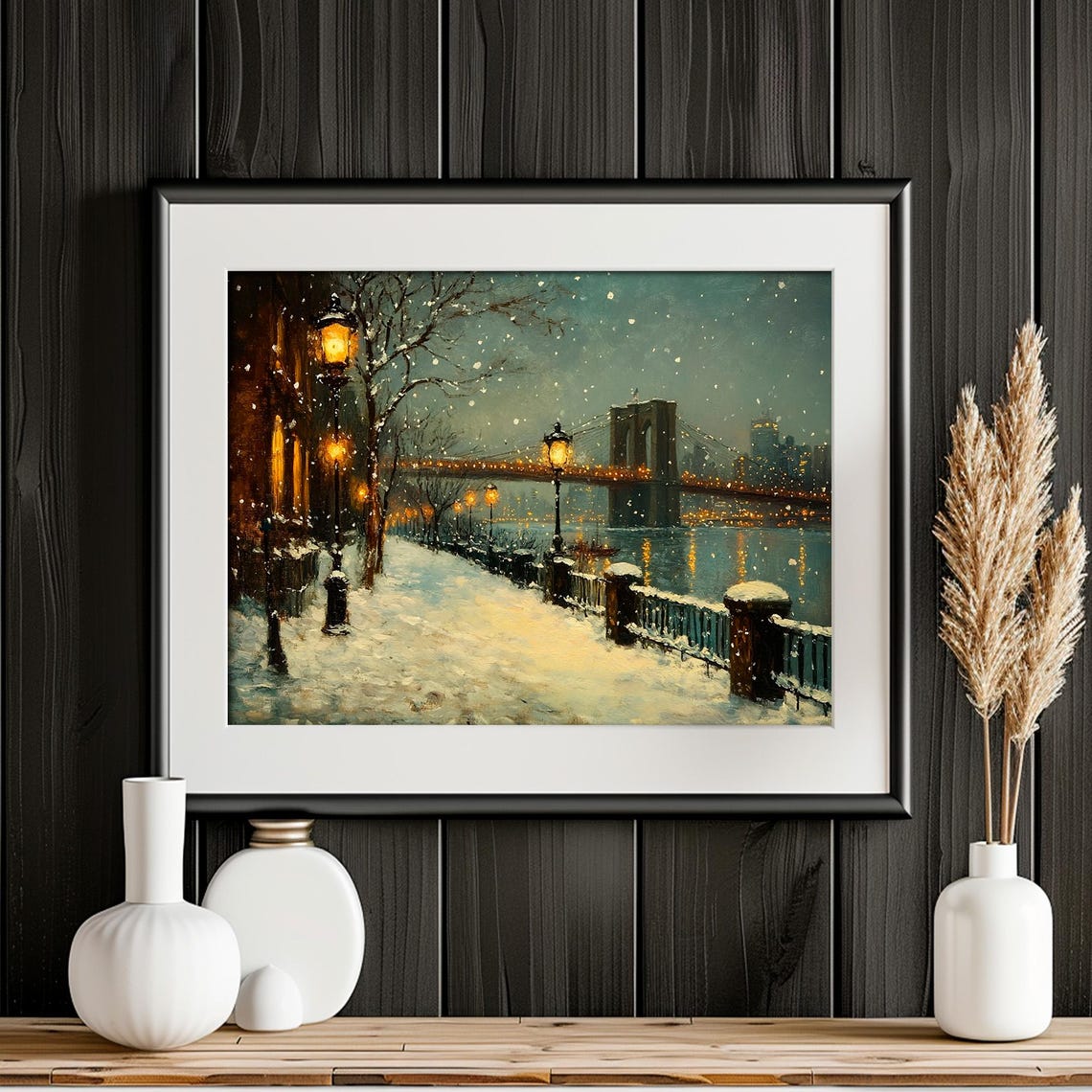 Brooklyn Bridge Snowy Waterfront Promenade Dusk Glow View Poster - Image 2