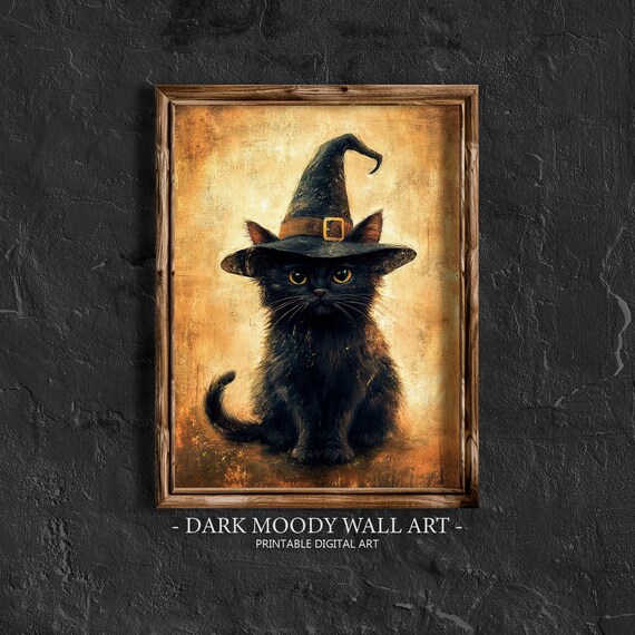 Black Cat Wearing Witch Hat Golden Vintage Painting Art Print
