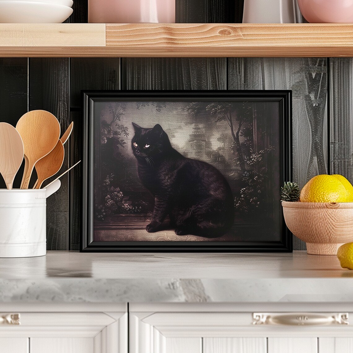 Black Cat Portrait Vintage Dark Moody Painting Antique Style Wall Art - Image 4